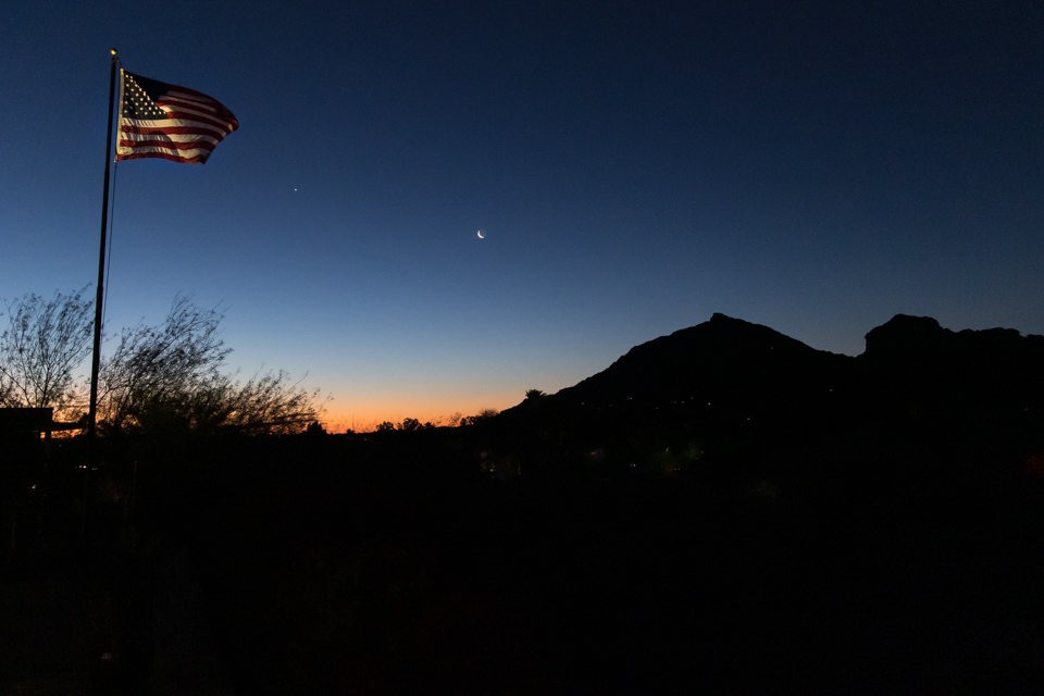 Flag, Moon, and Camelback in Paradise Valley, Arizona