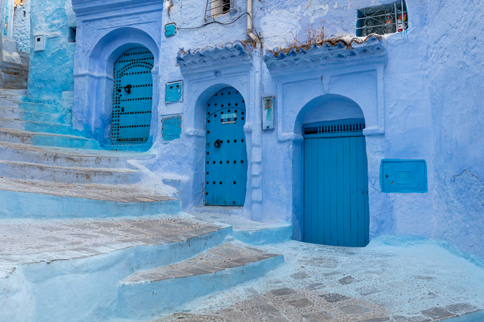 Three Doors in Chefchaouen, Morocco
